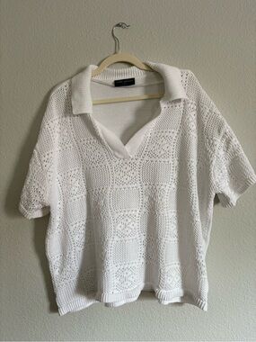 EUC Lane Bryant White Open-Weave Polo Sweater Top